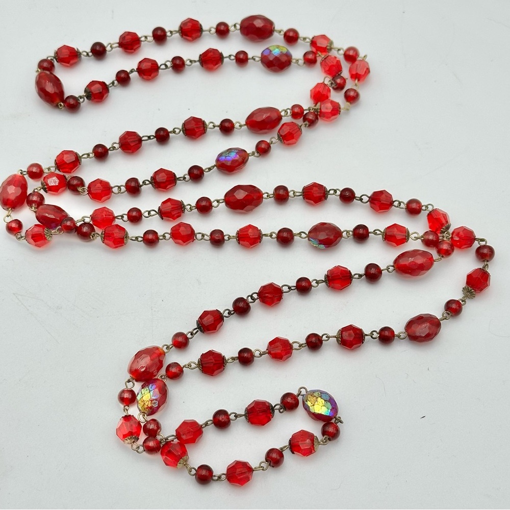 Vintage Red Glass Faceted Bead Necklace 30” Long Deco Czech Iridescent Crystal